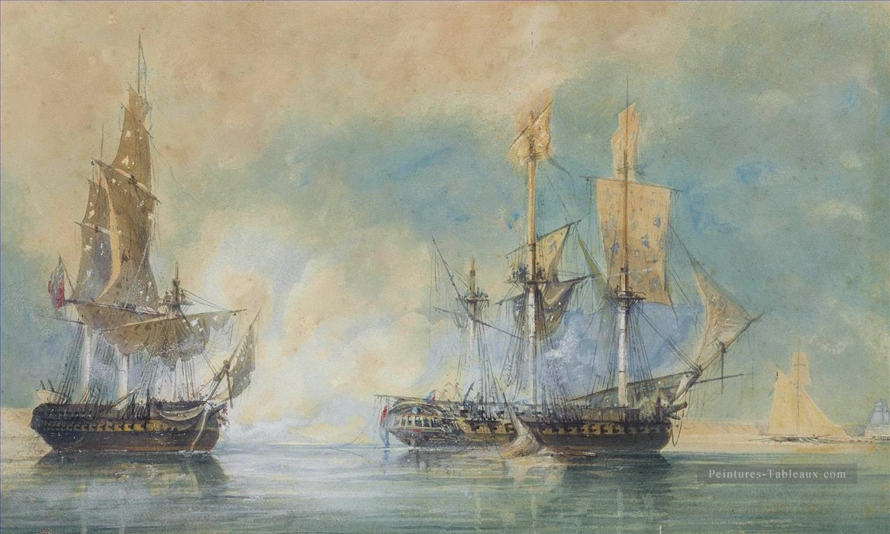 Croissant capturant la frégate française La Réunion au large de Cherbourg 1793 Batailles navale Peintures à l'huile